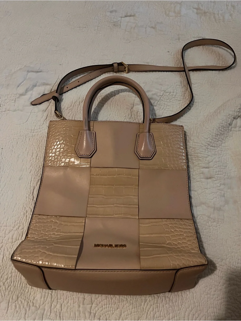 Michael Kors Blush Patchwork Satchel with Gold MK Charm